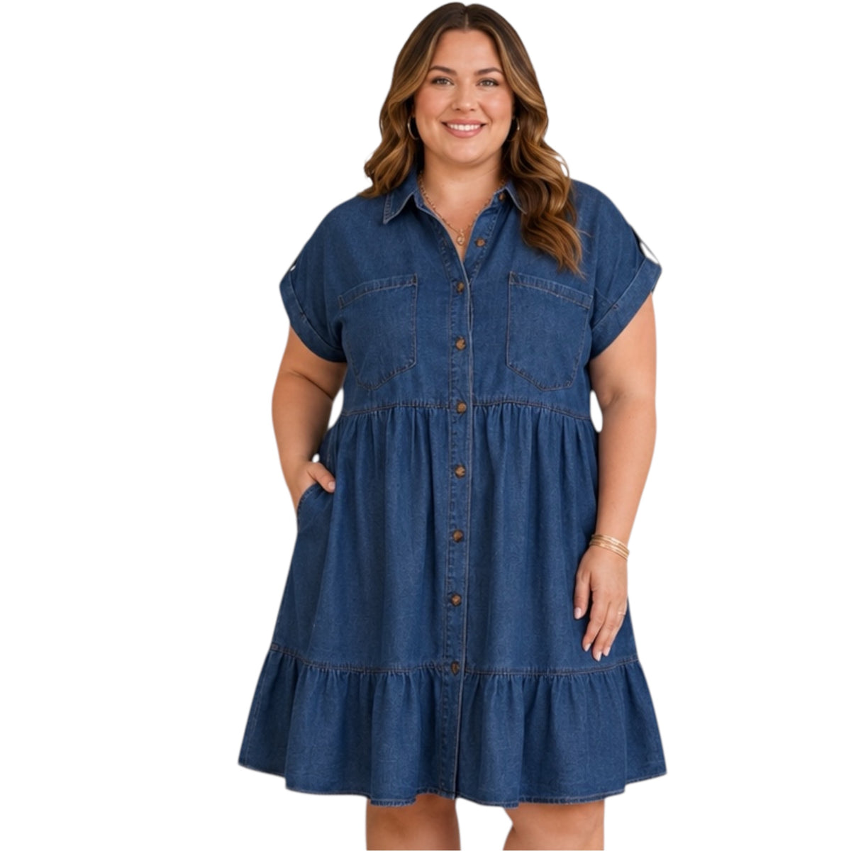 Plus Dark Chambray Collared Mini Shirt Dress