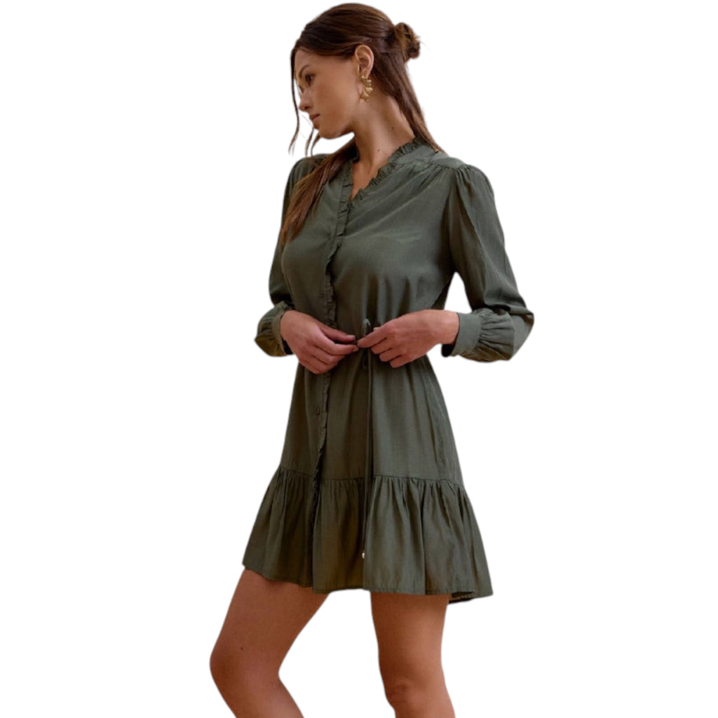 Pine Ruffled Mini Shirt Dress
