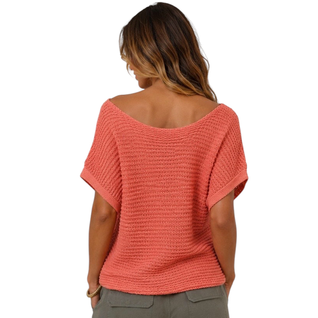 Coral Crew Neck Knitted Baggy Sleeve Sweater