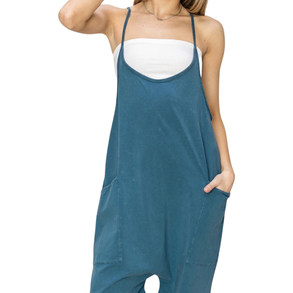 Dark Teal Mineral Washed Cami Romper