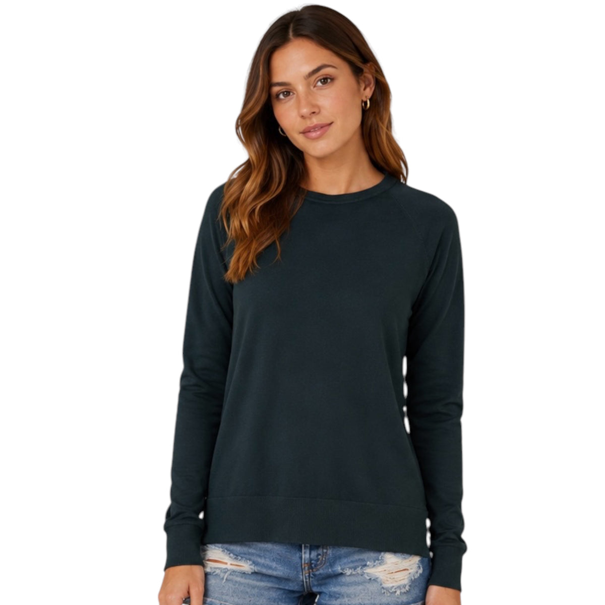 Dark Teal Lightweight Round Neck Sweater with Side Slits