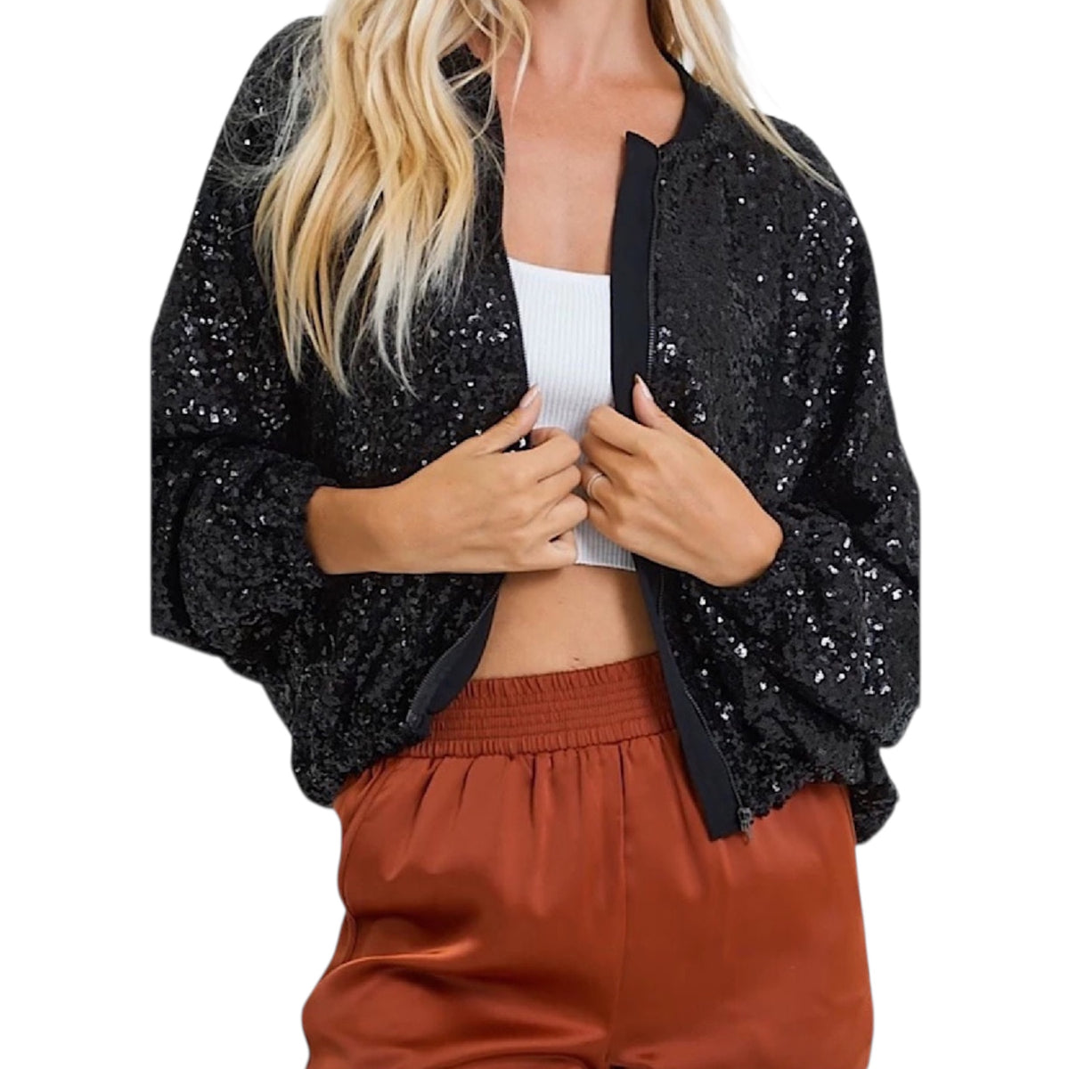 Black Sequin Bomber Jacket