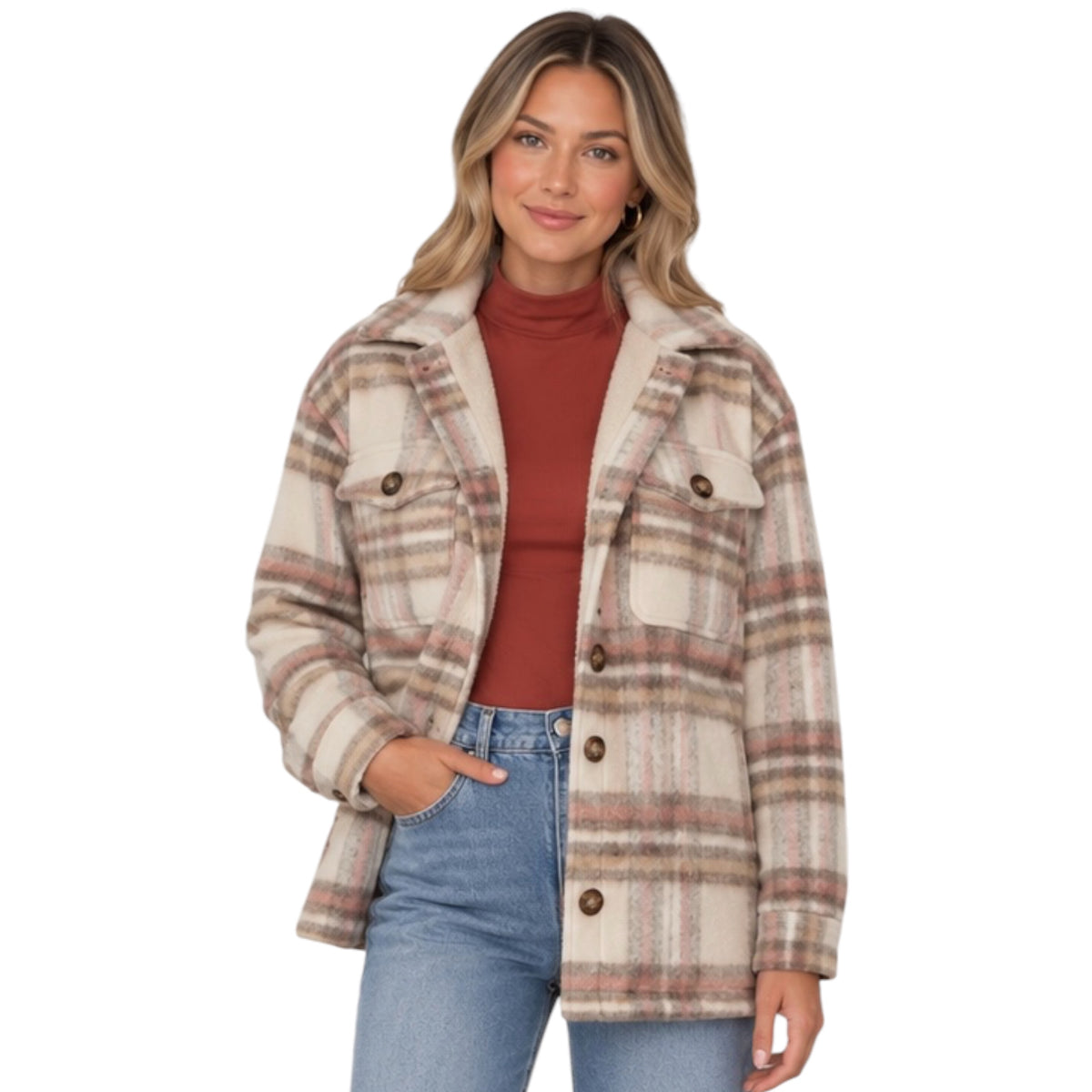 Ivory/Pink Plaid Fur Lined Shacket