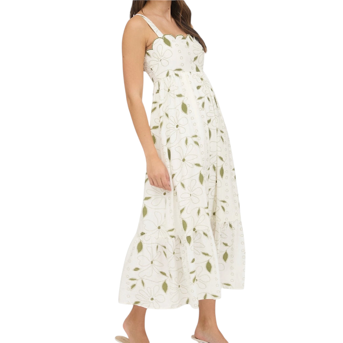 Moss Green Floral Embroidered Detail Scallop Trim Midi Dress