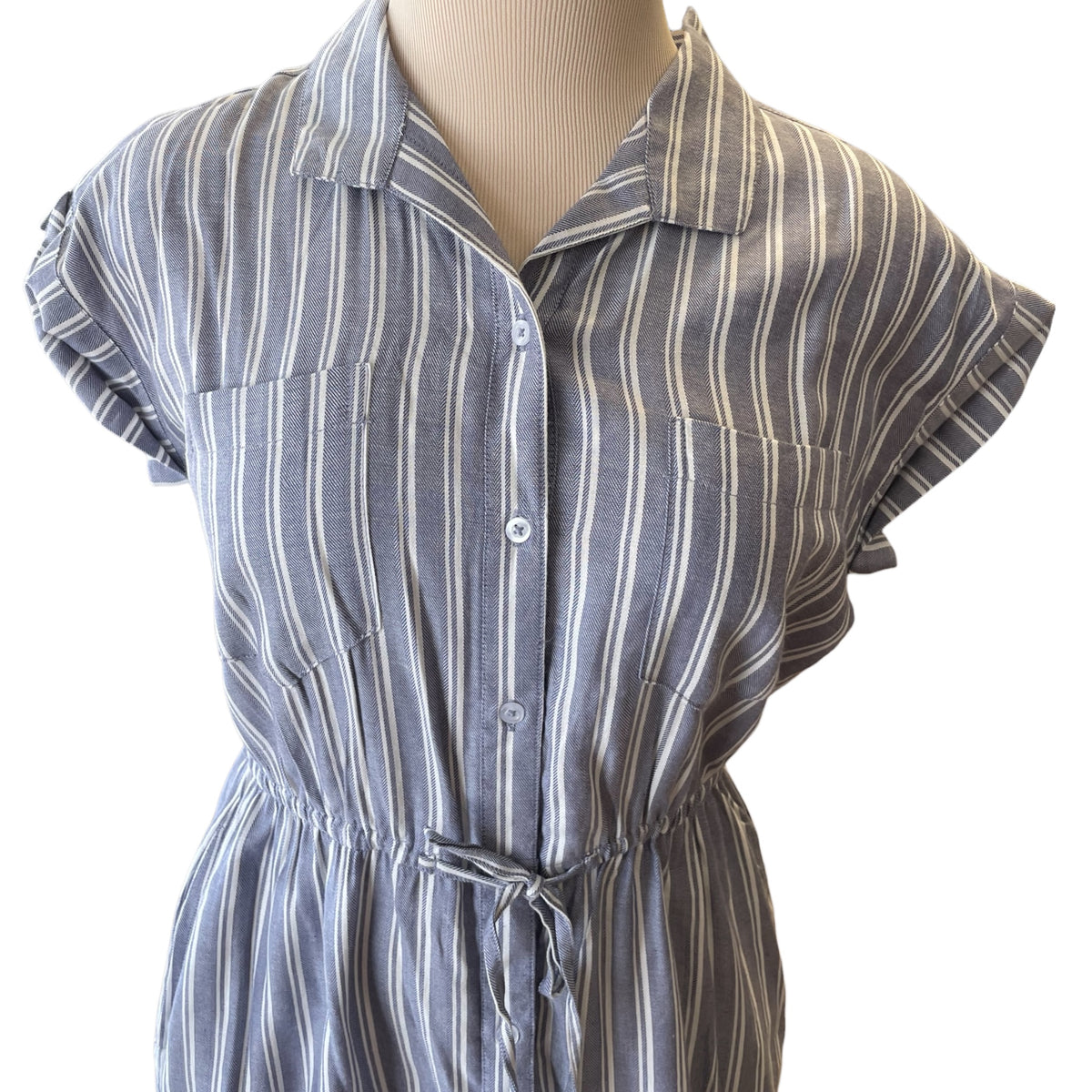 Japna Dusty Blue & White Striped Button Front Mini Dress Size M - RF