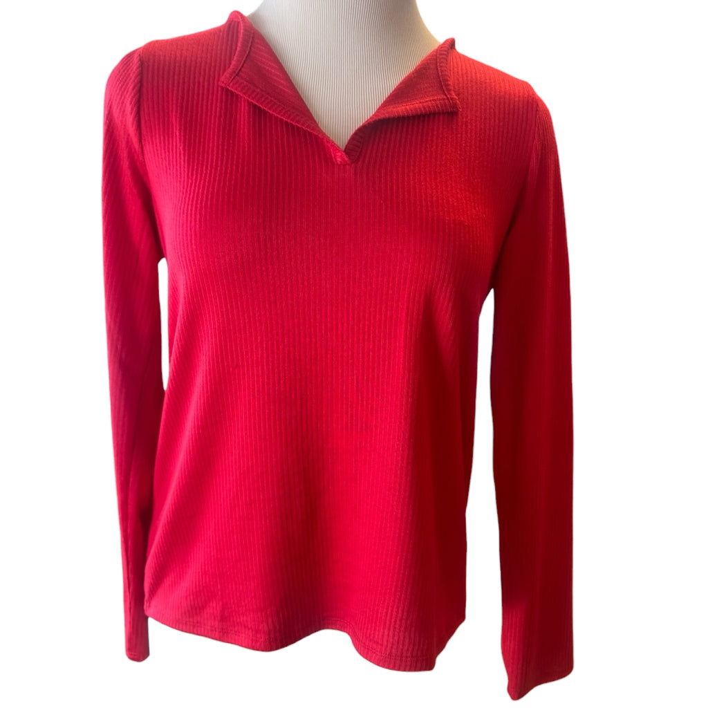Sleep Chic Red V-Neck Ribbed Long Sleeve Top Size S - RF