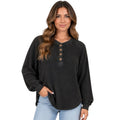 Black Mineral Washed Henley Waffle Knit Top