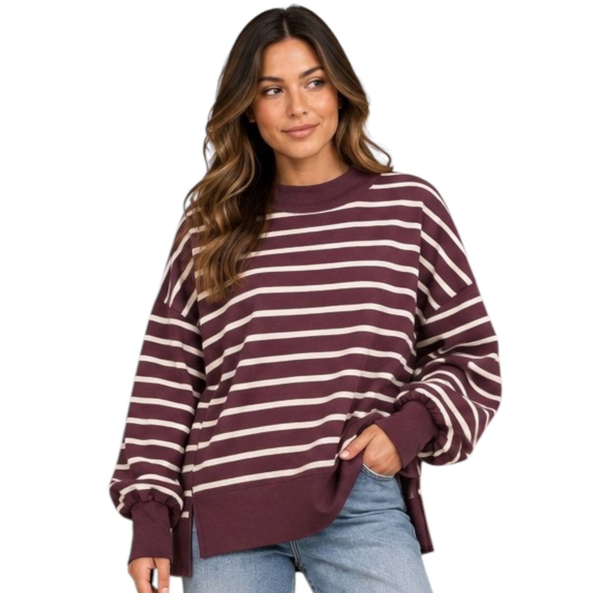 Mock Neck Striped Sweatshirt