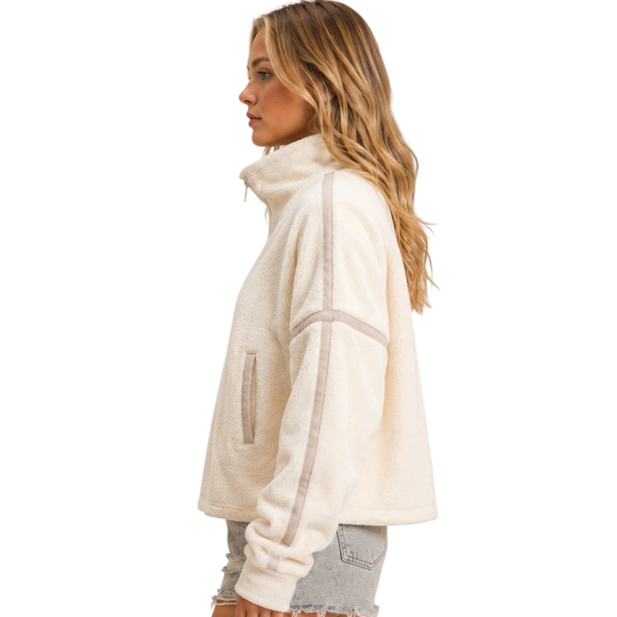 Ivory Contrast Trim Half Zip Fleece Pullover