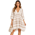 Coffee Boho Printed V-Neck Crochet Lace Mini Dress