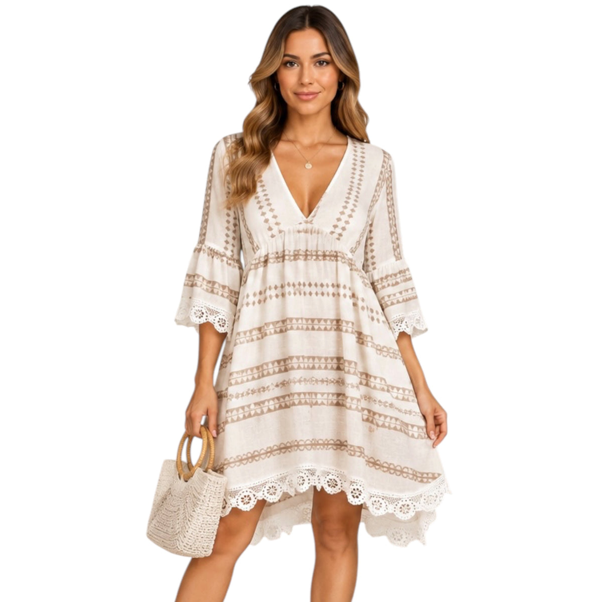 Coffee Boho Printed V-Neck Crochet Lace Mini Dress