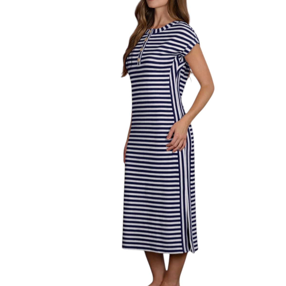 Navy Striped Henley Knit Midi Dress