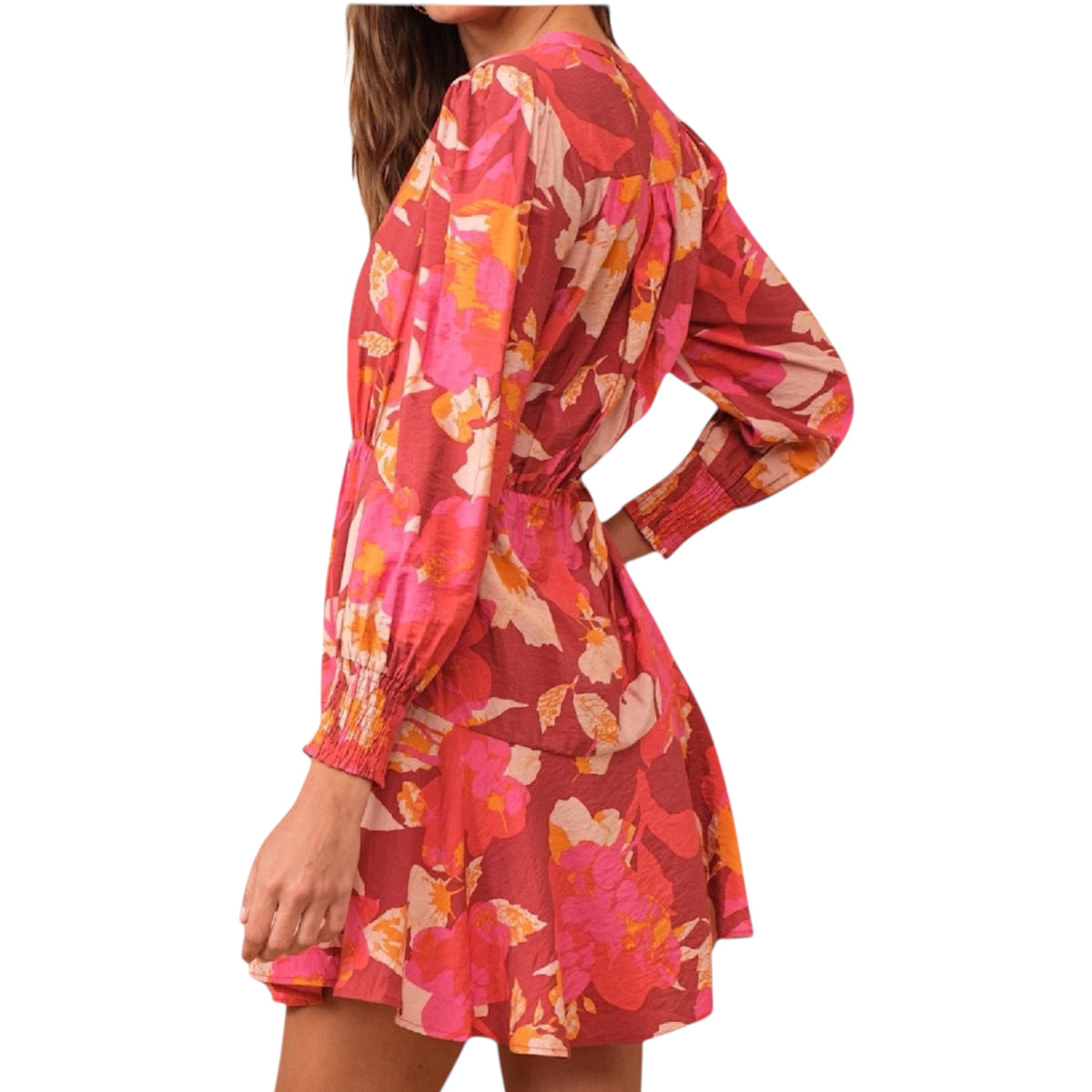 Burgundy Floral Long Sleeve Button Down Mini Dress