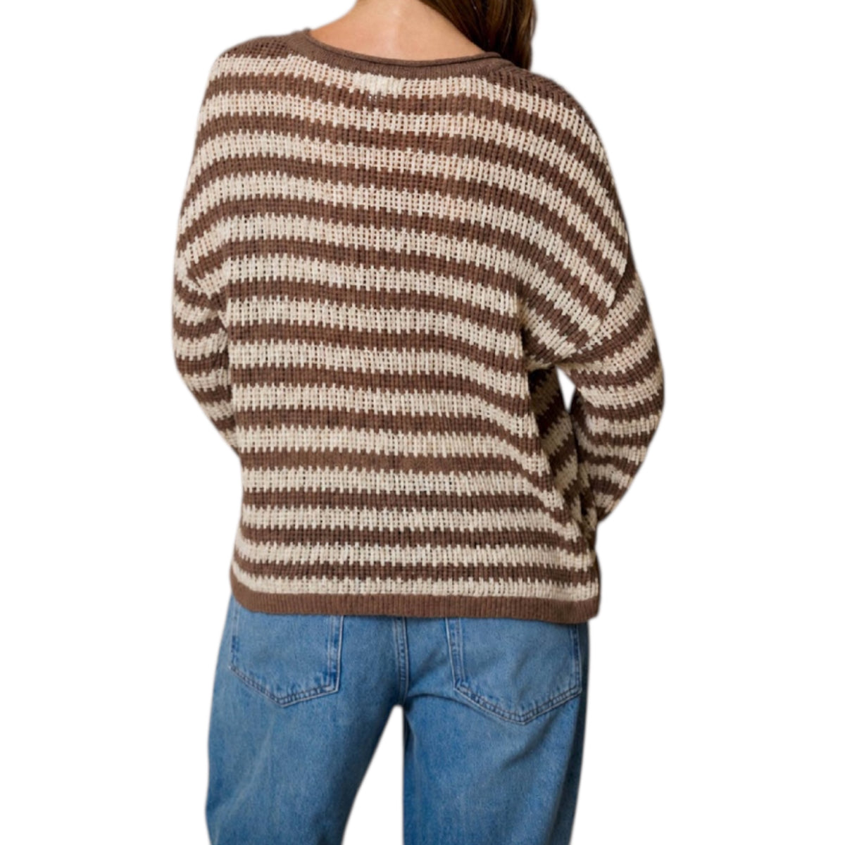 Mocha Stripe Split Neck Sheer Knit Sweater