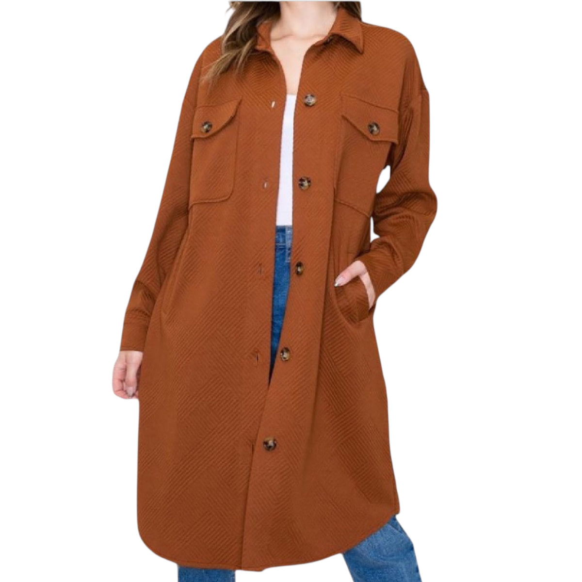 Copper Collared Button Down Long Jacket with Double Chest Pockets