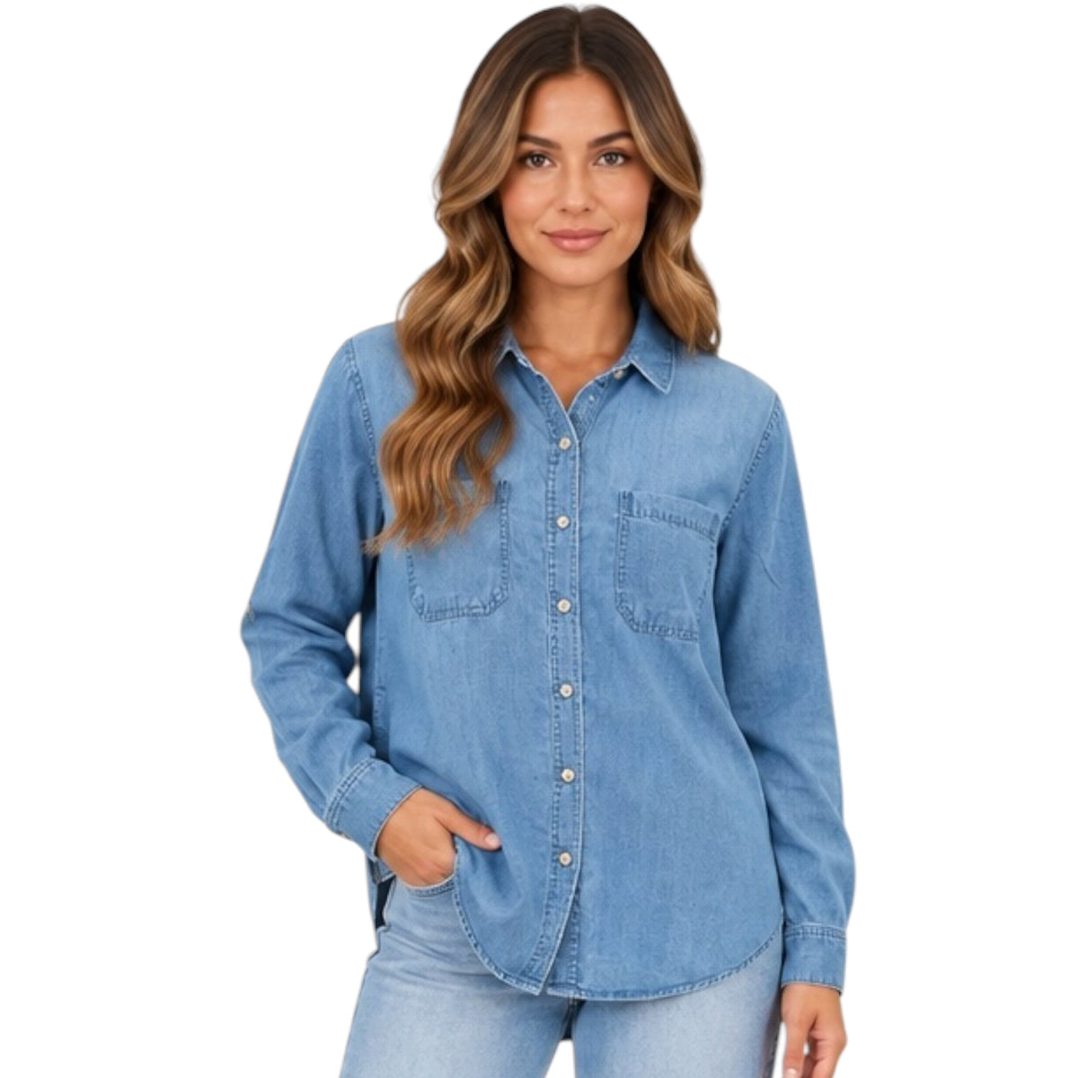 Medium Wash Denim Oversized  Tencel Button Up
