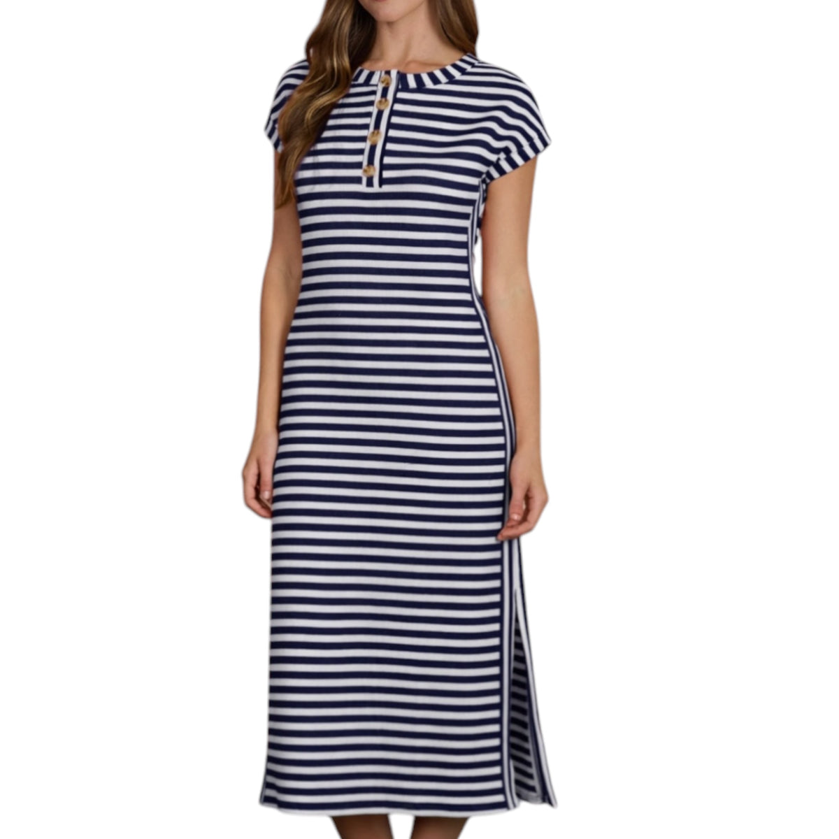 Navy Striped Henley Knit Midi Dress