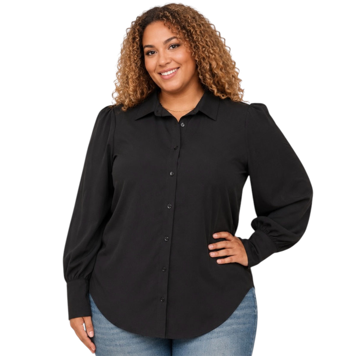 Plus Black Long Cuff Lantern Puff Sleeve Button Down Blouse