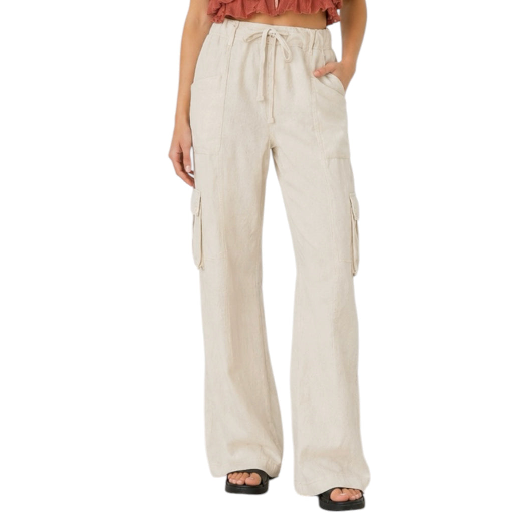RISEN RDNP8049 Taupe High Rise Linen Wide Cargo Pants