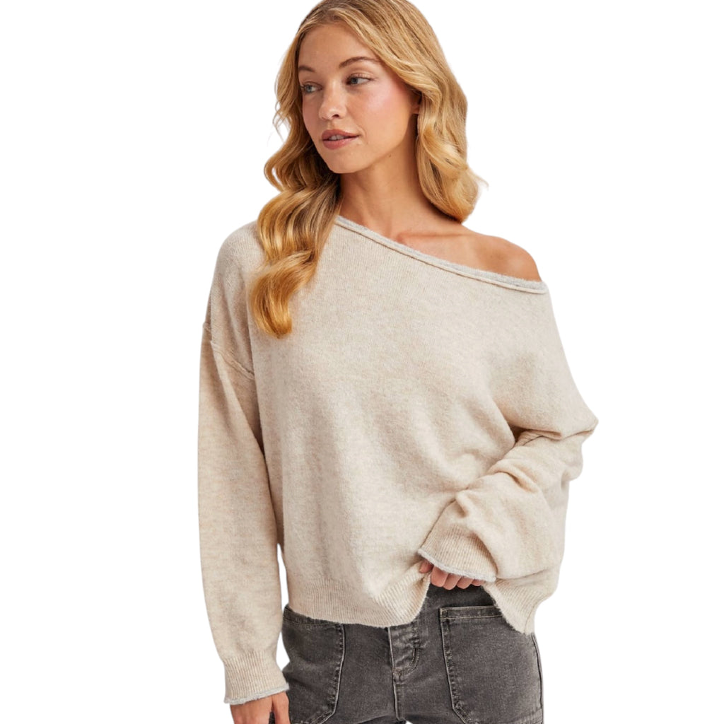 Oatmeal Boat Neck Rolled Trim Pullover