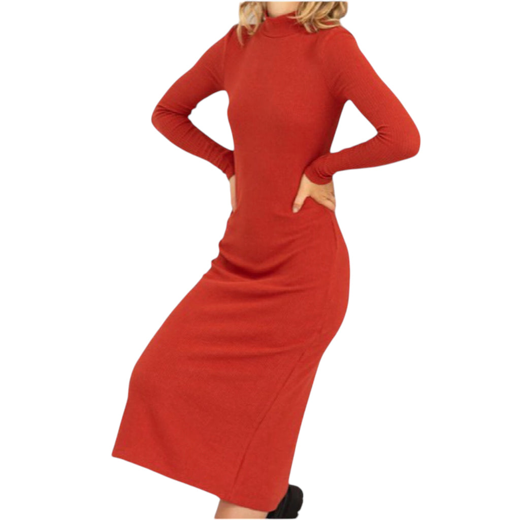 Brick Ribbed High Neck Midi Dress