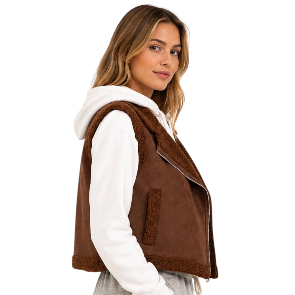 Dark Oak Brown Faux Suede Fur Crop Vest
