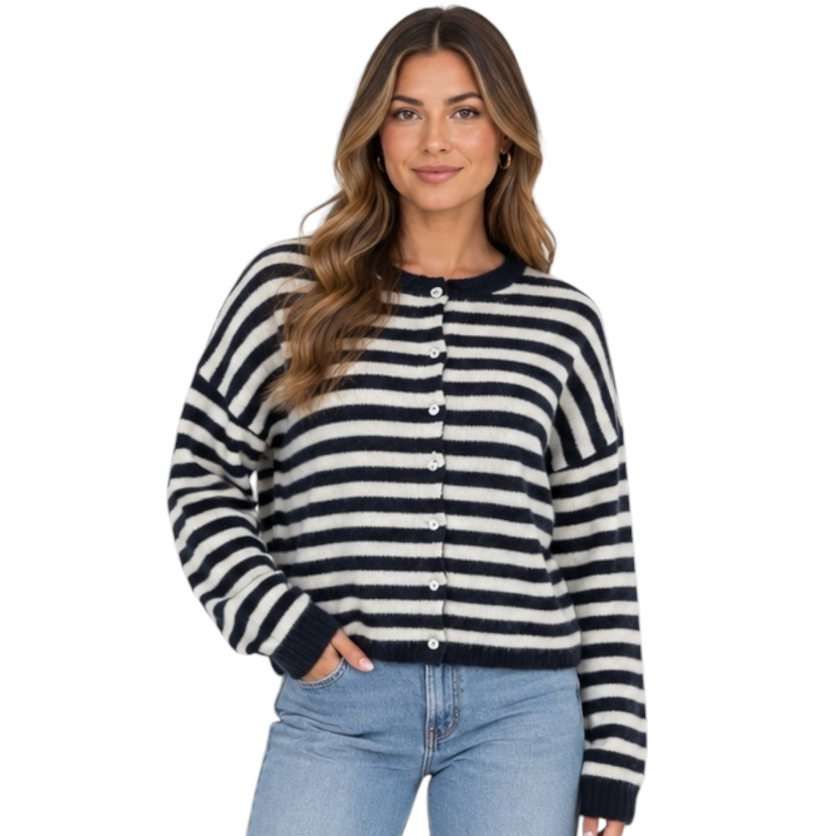 Navy Striped Button Down Cardigan