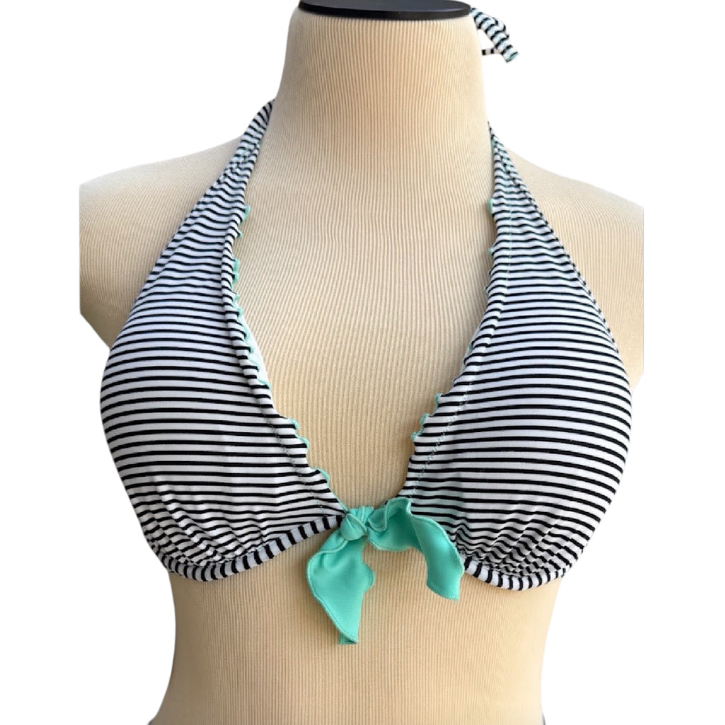 Victoria's Secret Black & White Stripe Bikini Top with Turquoise Bow Size 32DD-RF