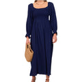 Navy Gauze Solid Smocking Off Shoulder Maxi Dress