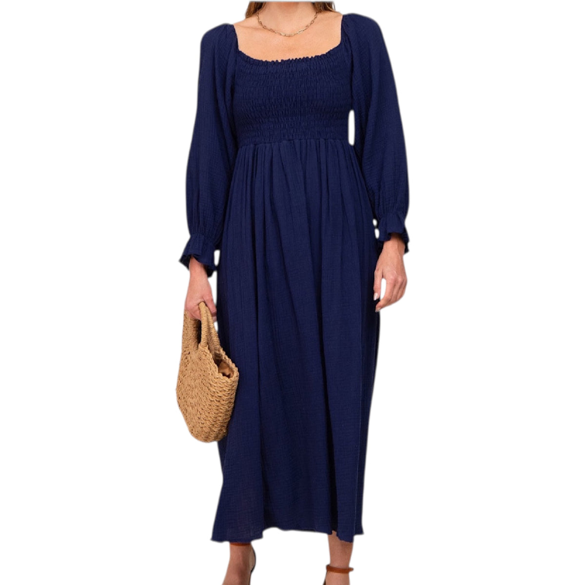 Navy Gauze Solid Smocking Off Shoulder Maxi Dress
