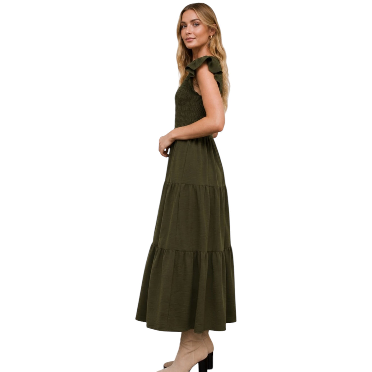 Dusty Olive Flutter Sleeve V Neck Smock Midi Dress