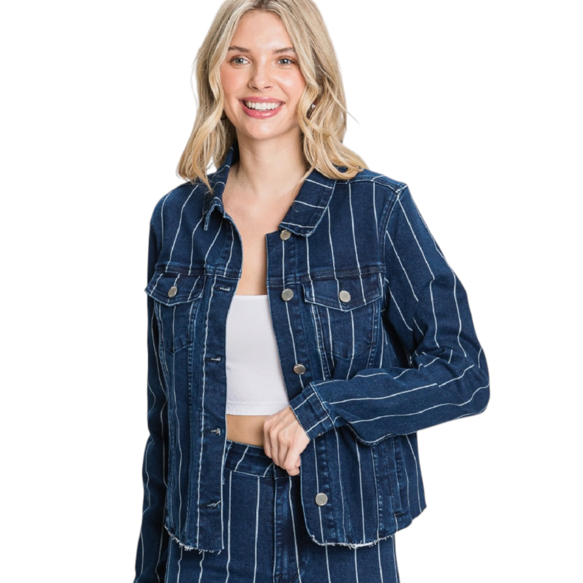 Petra153 P292J-DK Stripe Print Stretch Crop Jacket