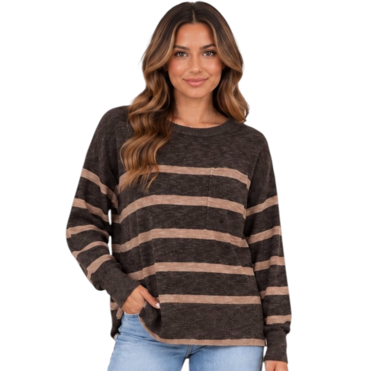 Charcoal Striped Slub Yarn Round Neck Sweater