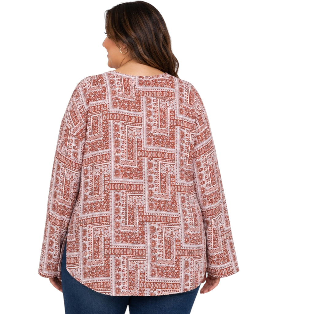 Plus Rust Print V Neck Babydoll Top