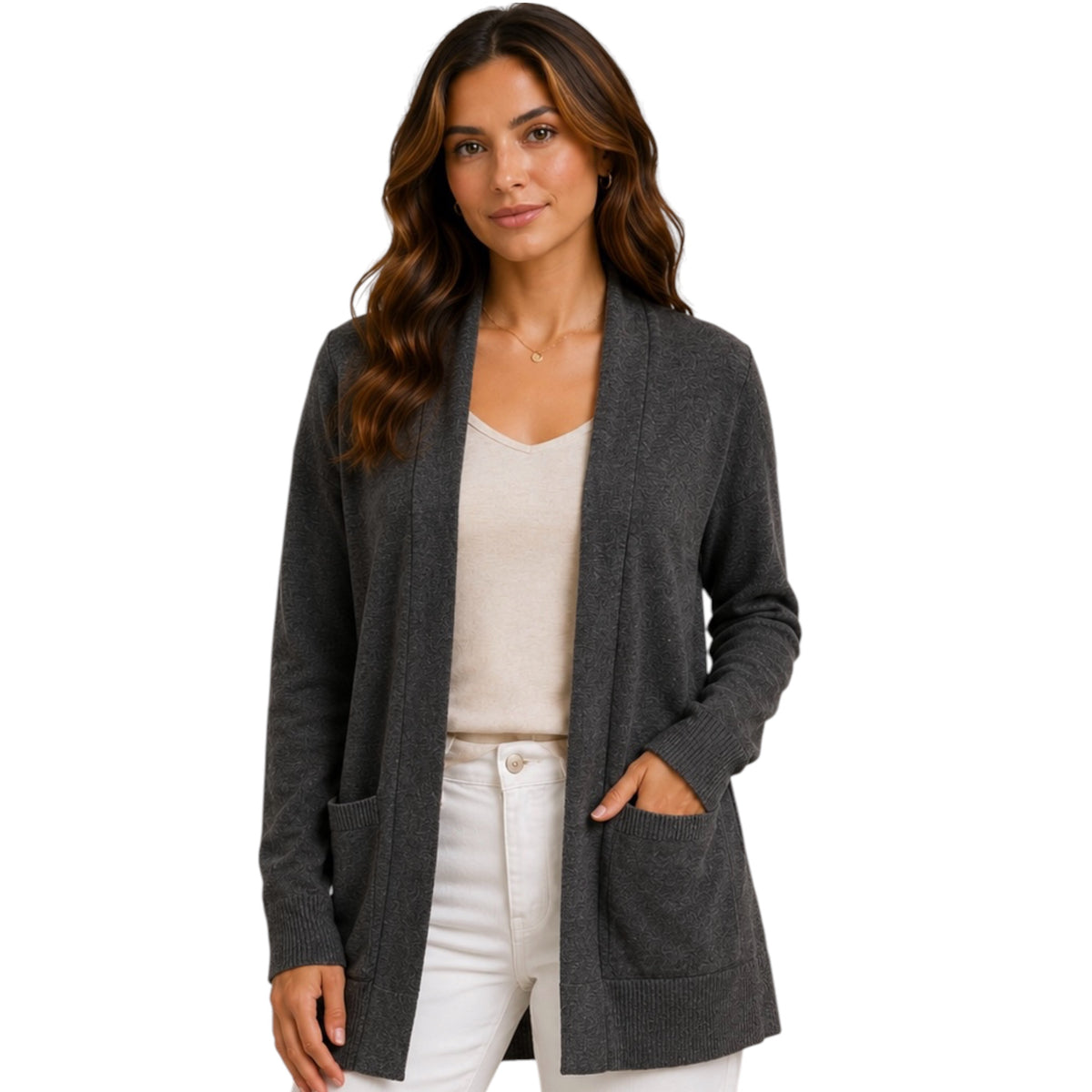 Grey Open Front Long Sleeve Cardigan