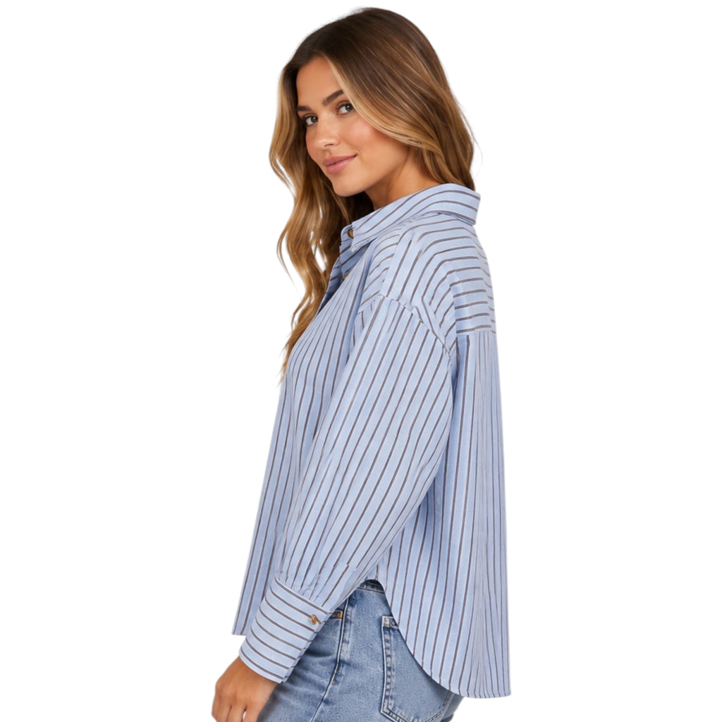 Blue Striped Collared Button Down Top