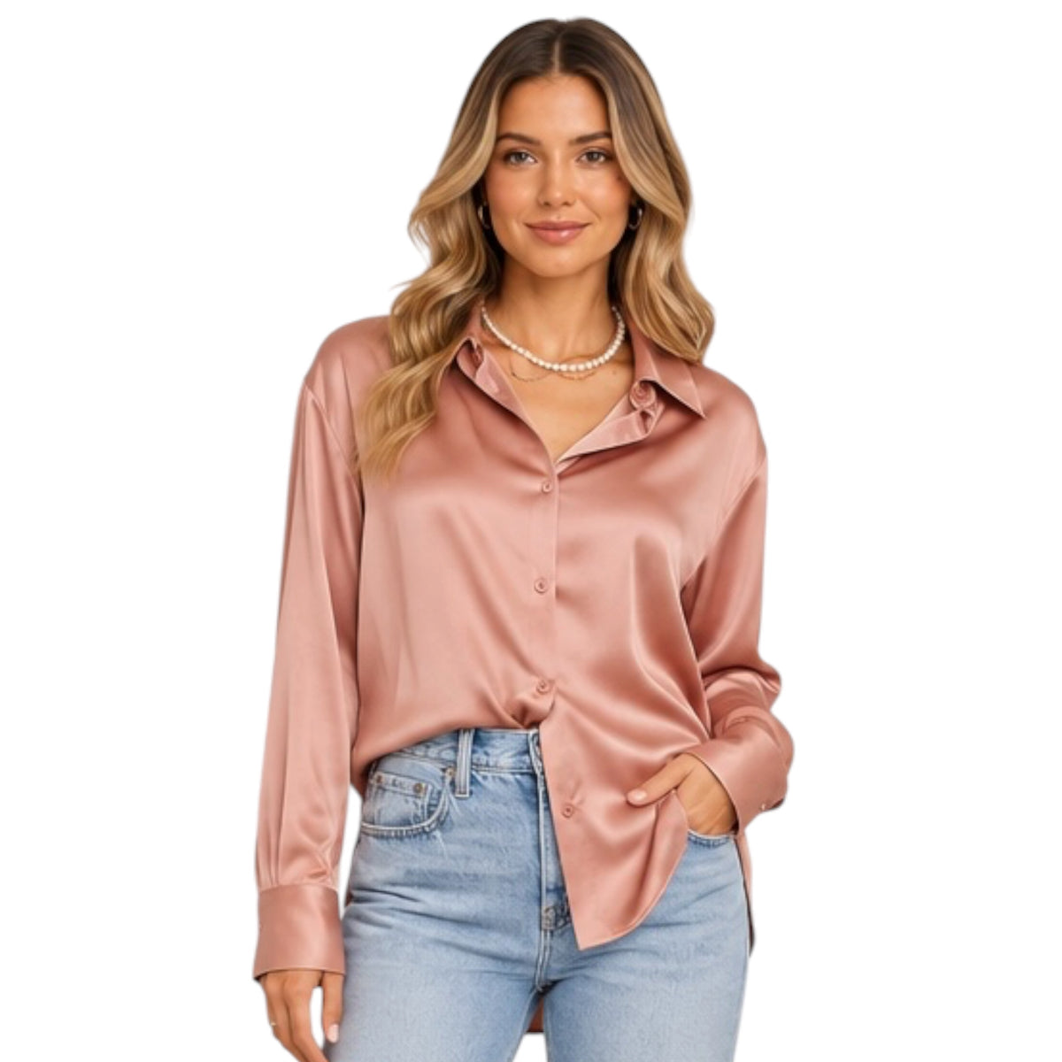 Mauve Silky Satin Button-Down Blouse