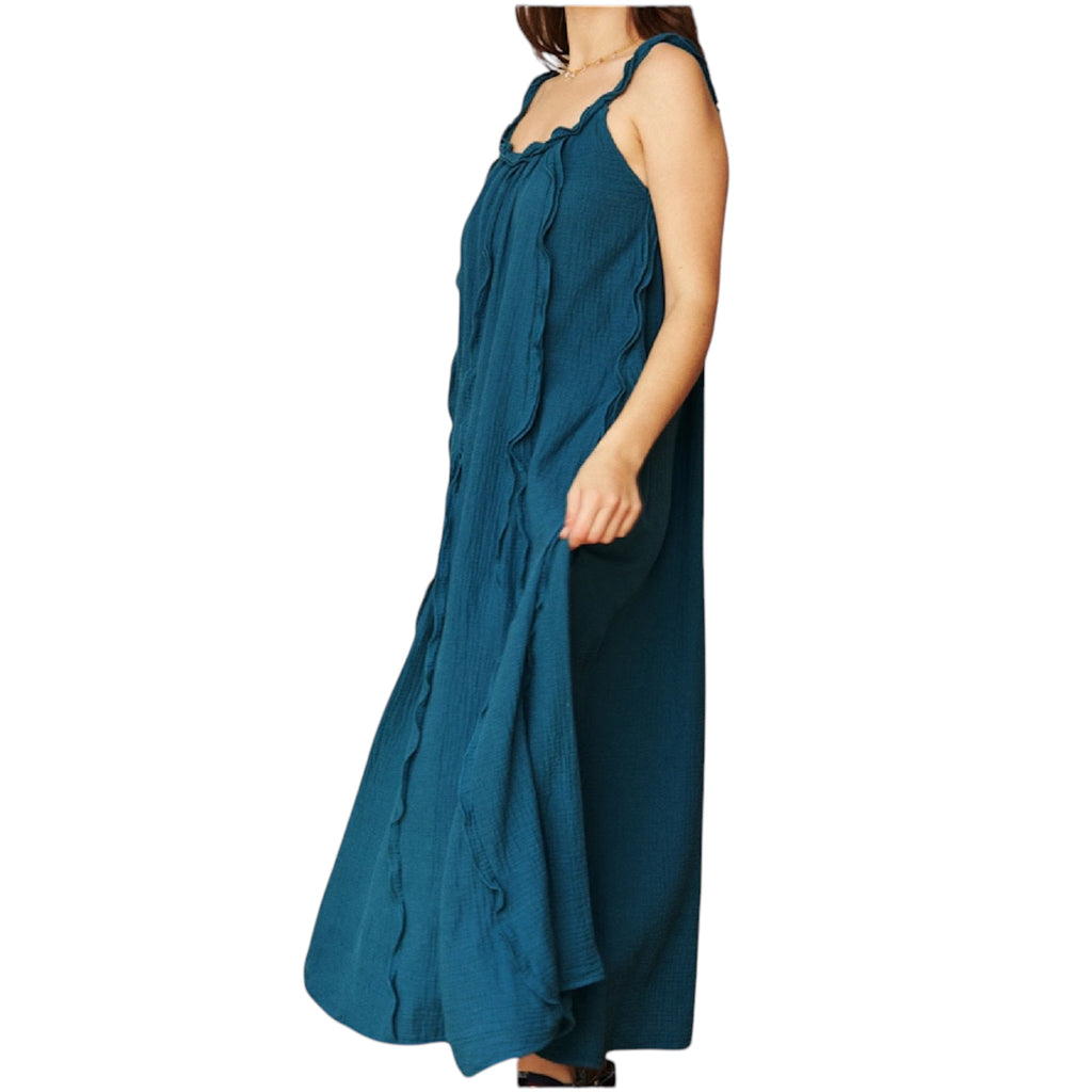 Teal Green Reverse Seam Ruffle Detail Midi Dress