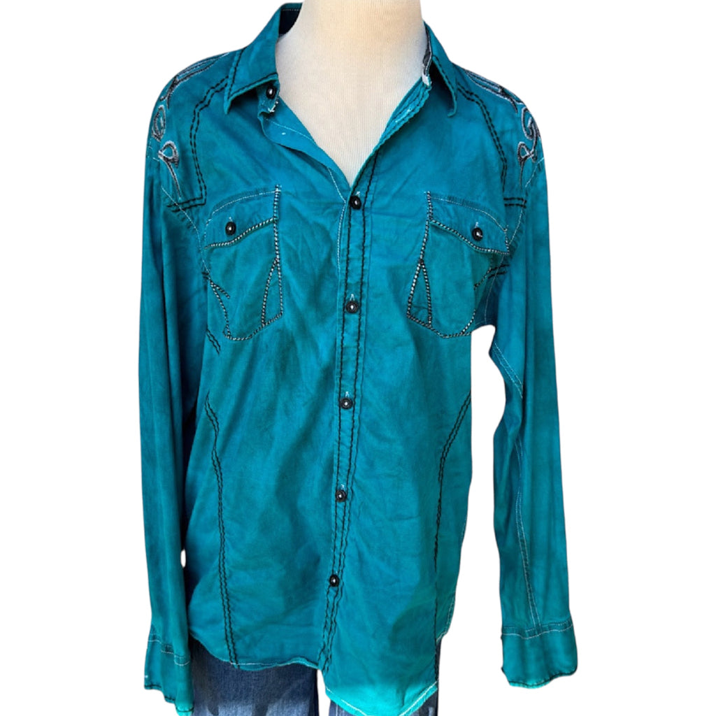 ROAR Turquoise Embroidered Button Up Shirt Size Large-RF