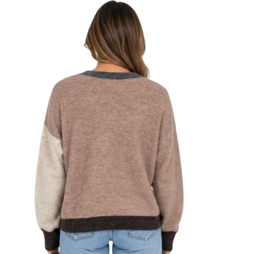 Khaki Multi Colorblock Front Seam Long Sleeve Knit Sweater