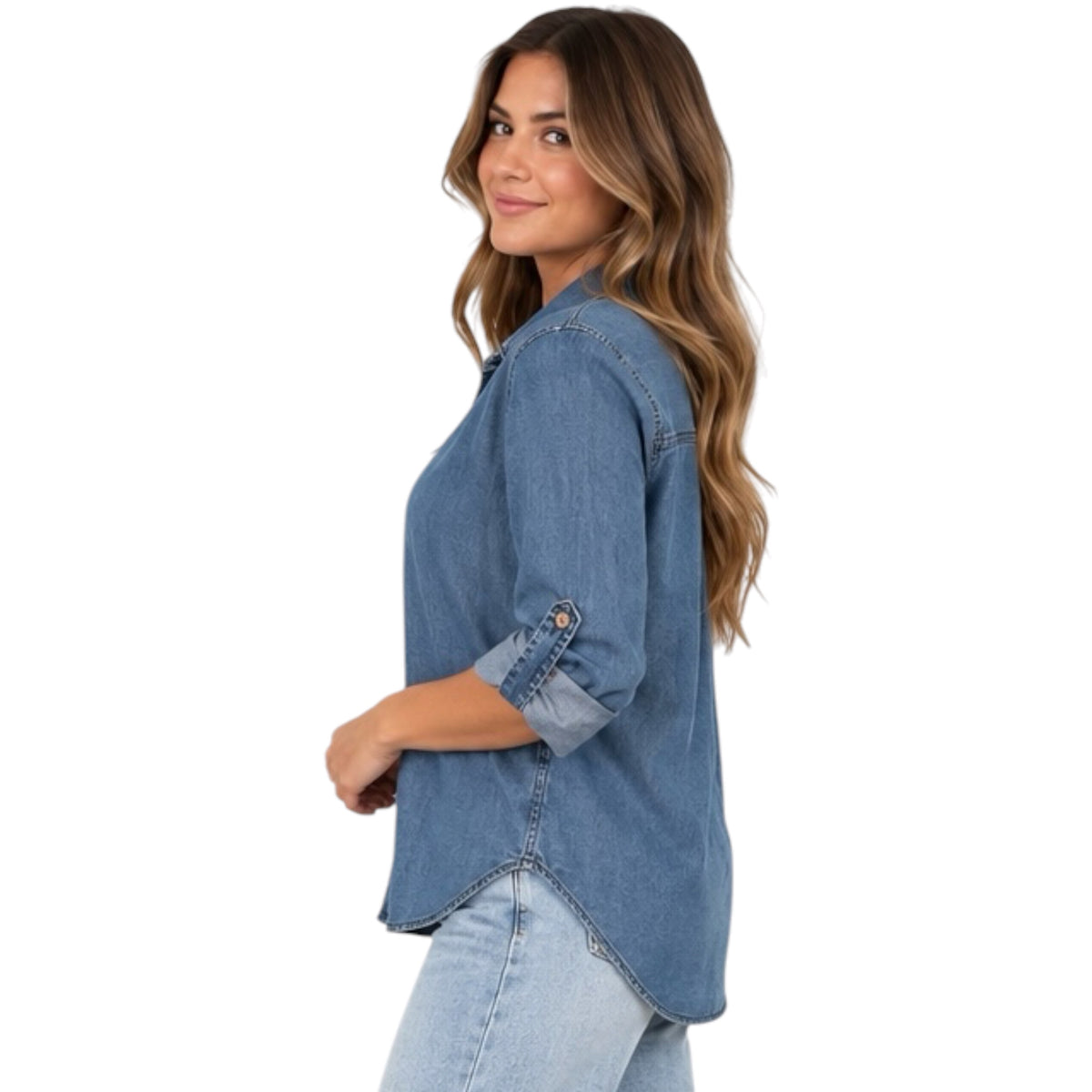 Chambray Button Up Top with Roll Tab Sleeves