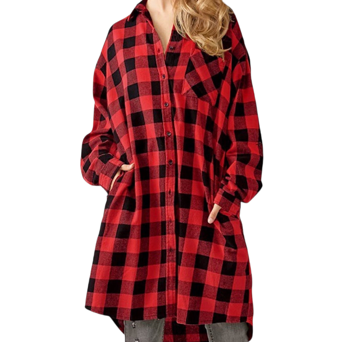 RISEN Red Buffalo Plaid Long Shirt Jacket RDJ2105
