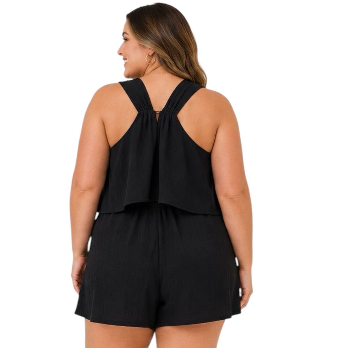 Plus Black Romper With Ruffled Bust