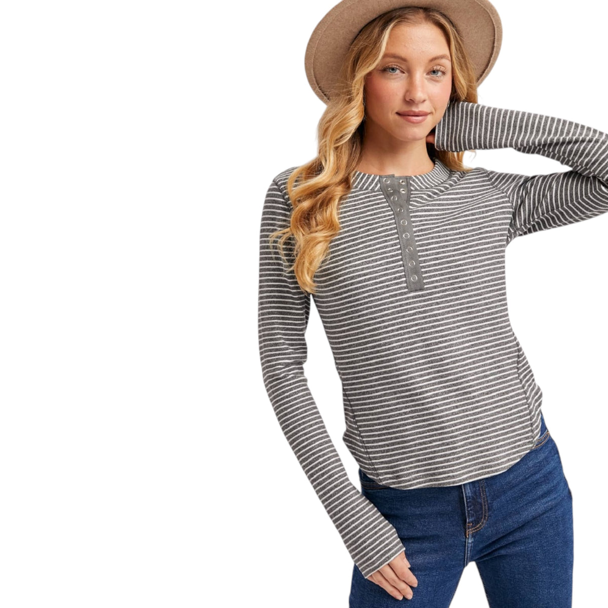 Grey Striped Henley Knit Top