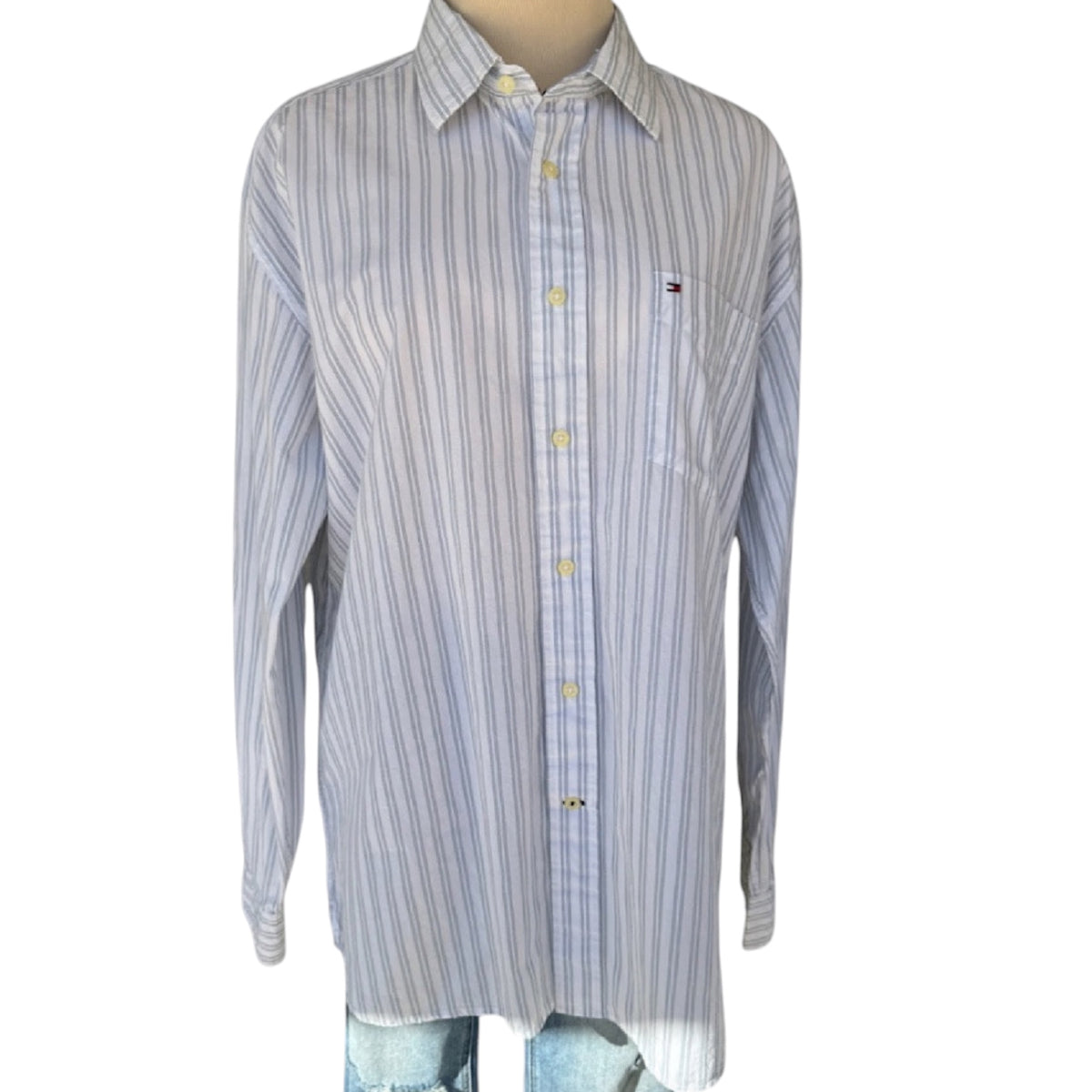 Tommy Hilfiger White Striped Button Down Dress Shirt Size L-RF