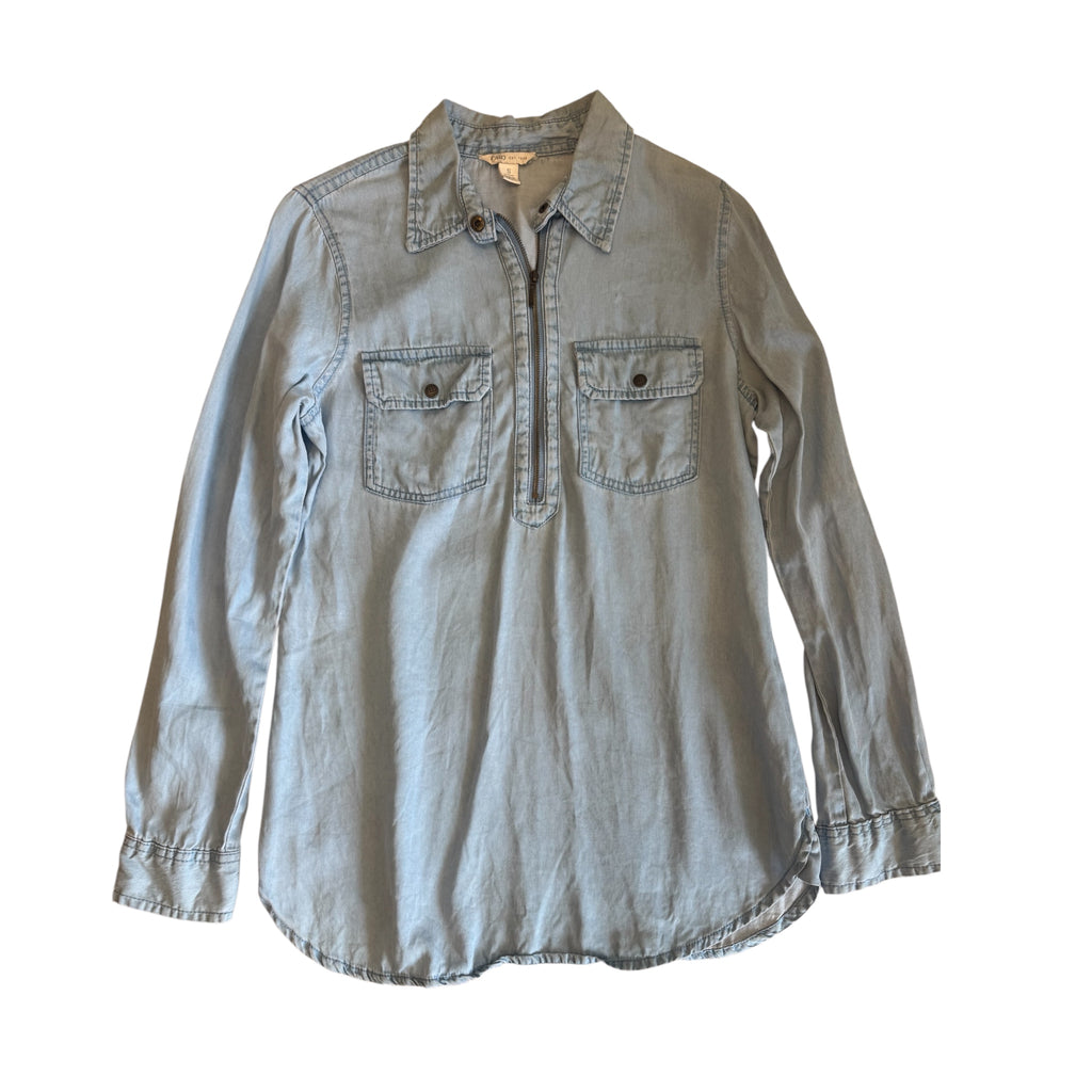 CATO Light Wash Denim Long Sleeve Quarter-Zip Top Size Small - RF