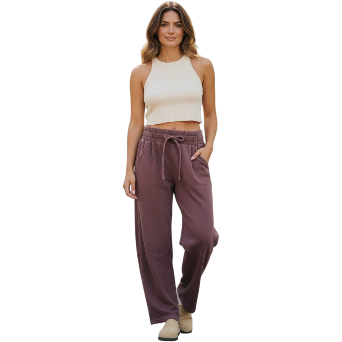 Maroon Smocked Waist Wide Leg Sweatpants