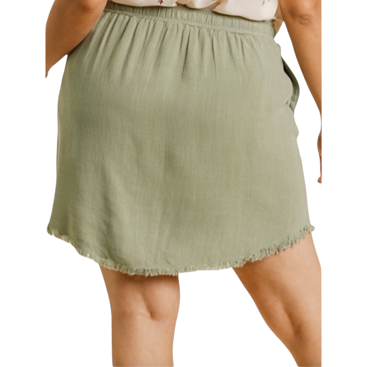Plus Linen Blend High Low Fringe Skirt-Sage