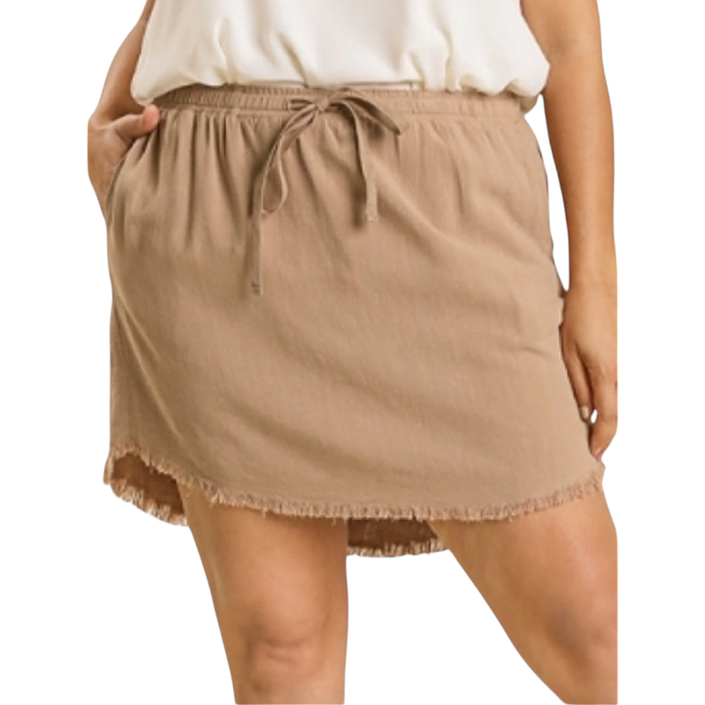 Plus Linen Blend High Low Fringe Skirt-Latte