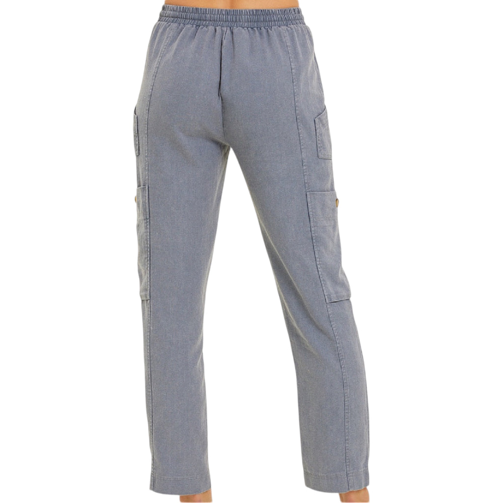 Plus Denim Blue Washed Linen Cargo Pants